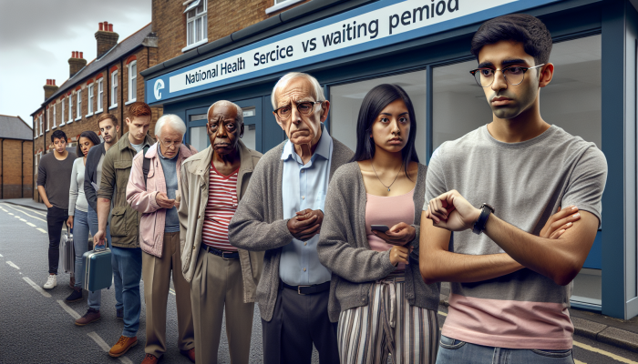 A diverse group of Stourbridge residents waiting at an NHS clinic, with a private health center in the background.