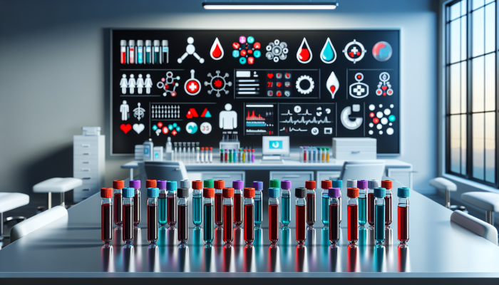 Infographic showing blood test vials with labels and descriptions on a medical background, illustrating FAQs about general health blood tests.