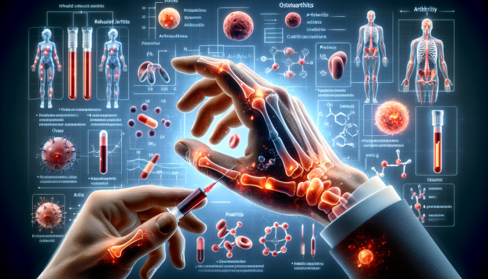 Illustration of arthritis blood test markers aiding in diagnosing rheumatoid, osteoarthritis, and psoriatic arthritis.