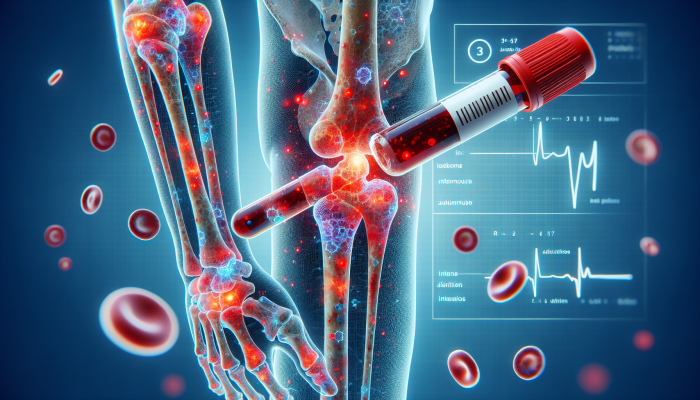 Detailed medical illustration of a blood test for rheumatoid factor, with inflamed joints and autoimmune activity, alongside diagnostic diagrams and clinical notes.