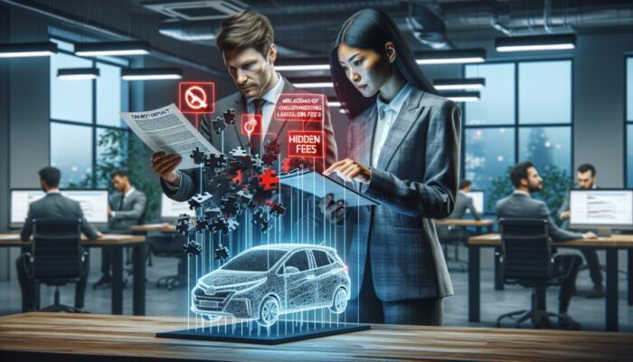 Person analysing car rental contract with charts showing base rates, total costs, and highlighted hidden fees in office.